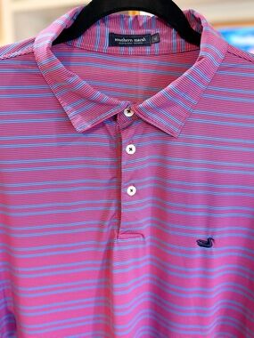 Southern Marsh Bermuda Performance Polo Naples Stripe in Blue & Strawberry Fizz